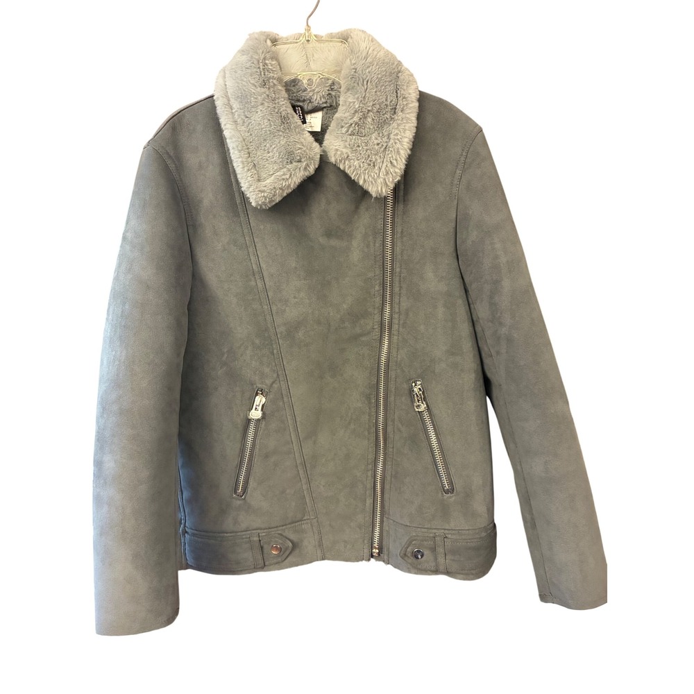 H&M Divided Moto Jacket Women Sz 4 Gray New Faux Suede Fur Collar Biker Pockets